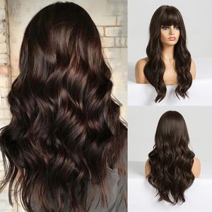 Синтетические парики Easihair Long Dark Brown Womens с челкой для водных волн теплостойкость для женщин Афроамериканский парик для волос 230417