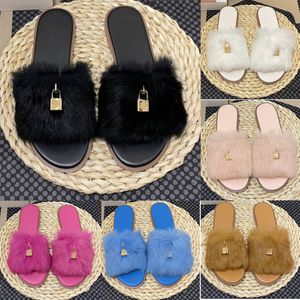 Yeni tasarımcı terlik yün kilit slaytlar sandaletler siyah mavi pembe fuşya kahverengi beyaz lüks kadınlar kürk kış terlik moda bayanlar sıcak düz sandal ayakkabıları EUR 35-40