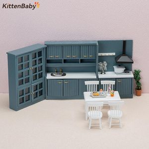 Kitchens Play Food Dollhouse Kitchen Cabinet Cupboard Set Miniature Furniture of Dining Room Kit 1 12 Scale Wooden Dolls House Life Scene Ornament 230417