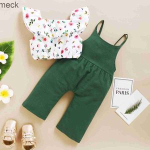 Giyim setleri çocuk kız seti 1-5 yıl çocuklar bebek kız giysileri seti çiçek baskısı lotus yaprağı kısa üst + asma pantolon 2pcs kıyafeti