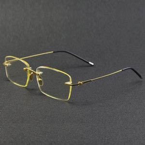 Güneş Gözlüğü Erkekler Rimless Cam Moda Lüks Doğal Kristal Taş Güneş Gözlükleri Sarı Lens Retro Gözlükler UV400 Oculos En Kalite