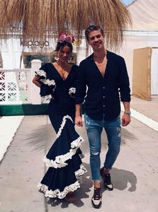 Vintage flamenko dans balo elbisesi 2023 Beyaz kapaklı denizkızı akşam elbiseleri ile siyah boyun satin abiye vestidos de festa zarif vestidos de noche İspanyolca