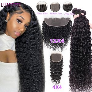 Hair pieces 32 40 inch Water Wave Bundles with Closure Peruvian Deep Weave Frontal HD Transparent Lace And Bundle 230417