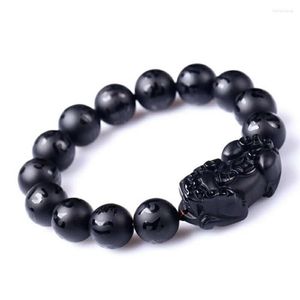 Strand 14mm Doğal Taş Siyah Obsidiyen Yuvarlak Boncuk Takı Pi Xiu Cesur Birlikler Güçlü Altı Heceli Mantra Donuk Lehçe Bileklik