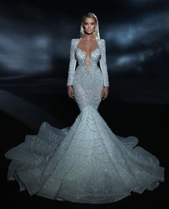 Exquisite Mermaid Wedding Dresses Long Sleeves V Neck Appliques Sequins Ruffles 3D Lace Trumpet Train Floor Length Pearls Hat Bridal Gowns Custom Made abiti da sposa