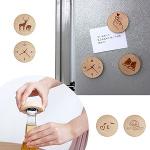 1pc ahşap yuvarlak coaster buzdolabı mıknatıslı şişe açıcı dekoratif bira masif ahşap buzdolabı dekoratif çıkartma 0419