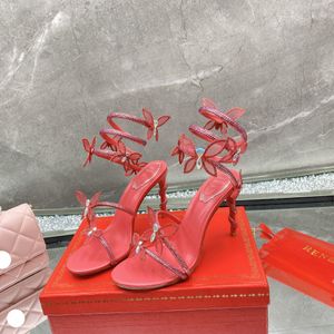 Yeni Sezon Ayakkabıları Renes Sandals Margot Caovilla Kristal Mücevher Sandalet 105 El yapımı parıltı RC Orijinal Kutu Peri Kelebek Yılan Renes Topuk Spiral Yılan Kravat Boyutu 34-43