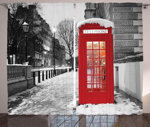 Perde Londra Kırmızı Telefon Kabini Kış Dawn Snowy City İngiltere İngiltere Sembol Kentsel Sahne Yatak Odası Yaşam Çocuk Gençlik Odası