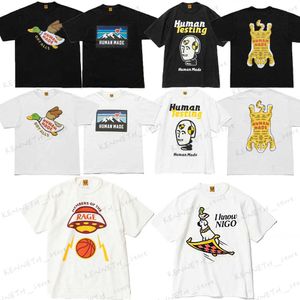 Erkek Tişörtleri Japon Retro İnsan Yapımı İngilizce Alfabe Karikatür Baskı Kısa Kollu Pamuk Crewneck Sıradan Gevşek T-Shirt T230419