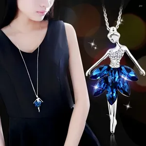 Ожерелья с подвесками SINLEERY, очаровательная синяя юбка с кубическим цирконом, длинное ожерелье для девочек-танцующих ангелов, длинное ожерелье для женщин, серебряная цепочка
