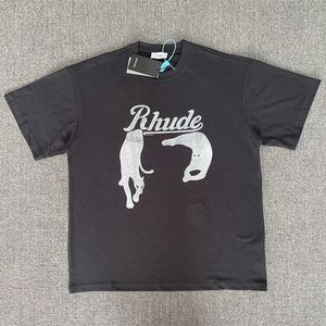 Tasarımcı Moda Giyim Tees Hip hop Tişörtleri Rhude Amerikan Gecesi Kedi Baskı Yüksek Sokak Gevşek Uydurma Tişört Yaz Erkek Kadın Etiketi Gevşek Streetwear