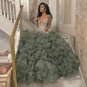 Stunning Beaded Crystals Prom Dresses Mermaid Long Sleeves Evening Gowns Sheer Jewel Neck Tulle Ruffled Special Occasion Formal Wear
