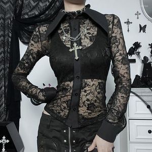 Camas femininas Tamas de renda escura gótica, veja através de ombros tops grunge estético preto de manga cheia top women women vintage punk roupas sexy