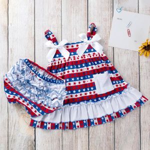 Kız Elbiseler Küçük Kızlar Giyim Yaz Çocukları Bağımsızlık Günü Yıldız Yıldız Stripe Baskı Bebek Kız Bayrağı Bebek Fantezi Tween