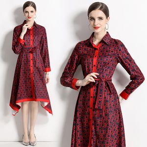 Elegant Print Party Red Midi Dress Women Designer Long Sleeve Lapel Button Front Slim Vacation Bow Lace Up Waist Asymmetrical Dress 2023 Spring Fall Runway Frocks