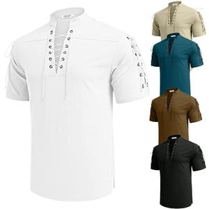 Erkekler Tişörtler Erkekler Plaj Gömlek Kısa Kollu Dantel Up Hippi V-Neck T-Shirt