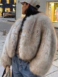 Kadınlar Kürk Katı Kürklü Kılıf Peluş Pul Paltosu Kadınlar Vezgarı V yaka Uzun Gevşek Lady Sıcak Out Giyim Sonbahar Kış Ziyafeti Partisi Palto