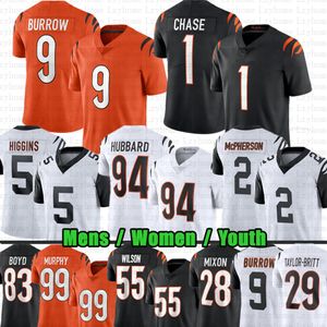 9 Joe Burrow Jersey de futebol 1 Ja'marr Chase Tee Higgins Evan McPherson Joe Mixon Sam Hubbard Logan Wilson Trey Hendrickson Myles Murphy Jake Browning Cam Taylor-Britt