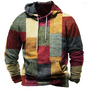 Erkek Hoodies Vintage Hoodie Sweatshirt için 3D Ekose Baskı Uzun Kollu Pullover Street Man Giyim Büyük Boy Haddeleme Kazak 2023