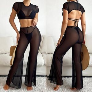 Kadın Mayo Kadınlar Mesh 1pc Tops1 PC Pantolon Bikini Drawstring Bel Düğümü İç çamaşırı olmadan bölünmüş çatal elbise plaj sargısı