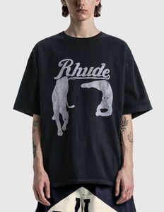 Tasarımcı Moda Giyim Tees Tişörtleri Rhude İlkbahar Yaz Gecesi Kedi Baskısı Yüksek Sokak Tişörtü Siyah Gevşek Pamuk Trendy Yuvarlak Yaka Üstler Pamuk Streetwear