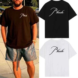 Tasarımcı Moda Giyim Tee Tişörtleri Rhude Düz Renk Mektup Baskı Trendy Marka Kısa Kollu Yüksek Sokak Çift Spor Gevşek T-shirt Pamuk Streetwear Tops