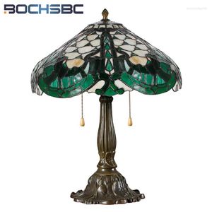 Masa lambaları bochsbc tiffany yeşil barok tarzı lamba döküm alaşım lotus çerçeve vitray sanat dekorasyon başucu karartma anahtarı 16 