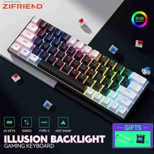 Klavyeler Zifriend 63 Anahtarlar Mekanik Klavye Kablolu Kablolu Type-C Type Swap% 60 RGB Backlit PC Oyun Bilgisayar Oyun Key Kapakları için Q231121