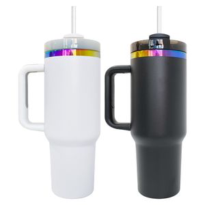 H2.0 Powder coated vacuum insulated stainless steel black white holographic rainbow plated 40oz quencher tumbler with handle for sunflower laser engraving