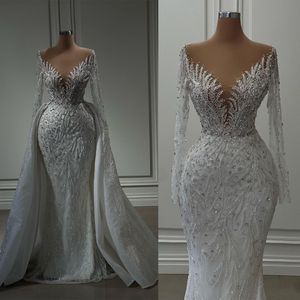 Vestidos de casamento sereia com trem destacável sheer neck manga longa vestidos de noiva novia beading apliques vestido de noiva