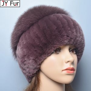 Trapper Hats Russia Lady Winter Real Fur Hat Women Warm Knitted Genuine Rex Rabbit Fur Hat Top Natural Fox Fur Bomber Caps Rex Rabbit Fur Cap 231120
