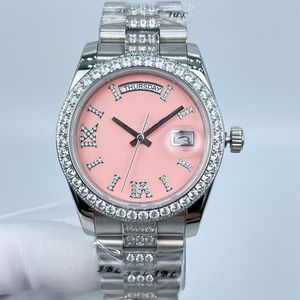 Erkek İzle Otomatik Mekanik 36mm Full Paslanmaz Çelik Kadın Bilek Saftalar Haftalık Takvim Roman Pırlanta Pembe Opal Dial Montre De Luxe