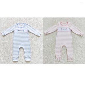 Kız Elbiseler Toptan Doğan Bebek ve Kız Çocuk Giyim RTS İşlemeli Açık Pembe Mavi Beyaz Çizgili Uzun Kollu Tulum