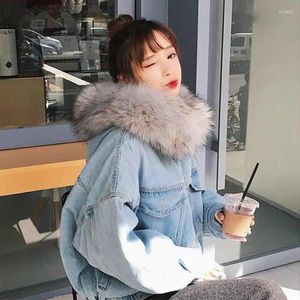 Kadın Ceketleri Moda Kadın Denim Ceket Sonbahar Kış Peluş Peluş Sıcak Kabarık Kürk Yaka Hoodies Bombacı Kot Palto Plus Boyut