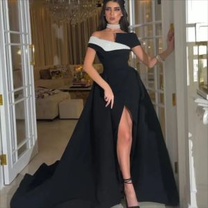 Arabia Black Satin A Line Long Evening Dresses Off The Shoulder Ruched Prom Party Gowns Slit Side Formal Evening Dress with Train Custom Made