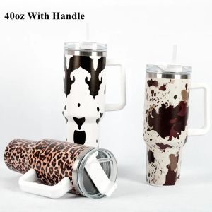 Copos de aço inoxidável de 40 onças com tampas e palha Cheetah Animal Cow Print Leopardo Preservação de calor Canecas de carro de viagem Garrafas de água de grande capacidade DHL com logotipo