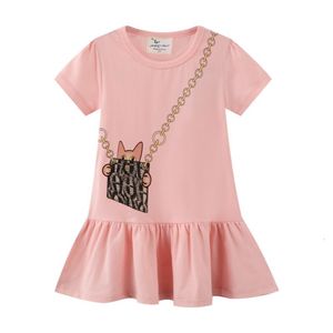 Girl s Dresses Jumping Meters Arrival Pink Girls Bag Print Selling Summer Children s Clothes Short Sleeve Cute Cotton Kid Dress 230420