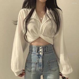Kadın Bluzları 2023 Sokak Giyim Harajuku Kadın Üstleri ve Korena Tarzı Seksi Yay Beyaz Katı Uzun Puflu Kol Kadın Tunik Mahsul Plus Boyut