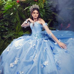 Sky Mavi Ball Roow Quinceanera Elbise 2024 3D Çiçek Beading Tatlım Tül Prenses Vestido De XV Anos Brithday Party Gown