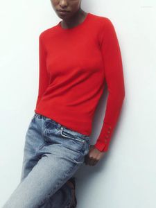 Kadınlar için Kadın Sweaters 2023 Yuvarlak Boyun İnce Sakulaklar Sıradan Jumper Kadın Uzun Kollu Metalik Düğme Örme Sökü Kazak