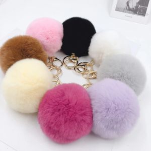 Anahtar Yüzükler 1 PCS 8cm Sahte Kürk Marka Çantası Anahtarlık Pompom Araba Knahi Altın Renk Zincirleri Pomponlar Sahte Fox Tavşan Kürk Terimleri Zinciri 231120