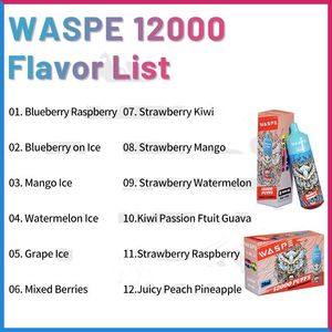 Оптовая цена Waspe Vape Factory vape puffs 12000 затяжек Одноразовые паровые электронные сигареты Предварительно заполненные перезаряжаемые 20 мл 15 вкусов Вкус масла RGB свет Vape 12k