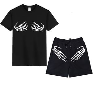 Masculino de pilotos masculinos Halloween punk shorts punk shorts terno de verão garras de esqueleto imprimindo tshirts roupas de praia 230420