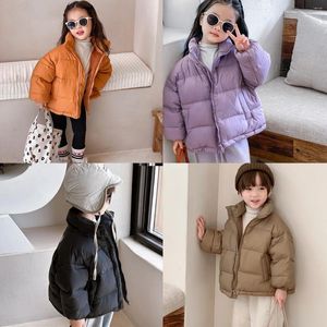 Пуховое пальто, корейское простое однотонное однотонное пальто с воротником-стойкой для девочек, детская зимняя куртка, утепленная универсальная теплая верхняя одежда для малышей