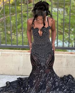 Shinny Black Sequined Lace Crystal Rainstones Prom Dresses For Black Girls Mermaid Dress Special Occasions Occasion Gowns For African