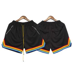 Roupas de grife curtas casuais Rhude High Street Trend Shorts de marca Tecido de malha Arco-íris Calças esportivas casuais Jovens masculinas Calças retas de perna reta Joggers Roupas esportivas