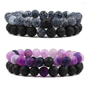 Strand Fashion 2pcs Set Black Lava Bracelets Natural Weathered Stone Bangles Charm Bracelet For Women Men Yoga Jewelry Gift