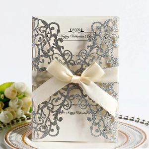 Tebrik kartları 50pcs mavi altın gümüş parıltı kağıt lazer kesim düğün davetiyeleri kartı özel yazdırılabilir şerit zarf düğün dekorasyonu 231102