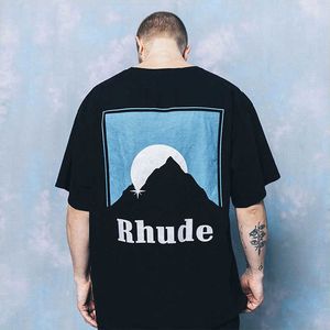Дизайнерская модная одежда Футболки Футболки Rhude Classic Snow Mountain Sunset Theme Printed Половина рукава High Street Washed Old T-shirt Tops Streetwear Хип-хоп
