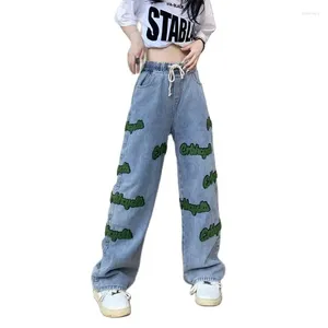 Женские джинсы с вышивкой High Street 90S Spicy Girl Y2K Свободные прямые джинсовые брюки с эластичной резинкой на талии для танцев и джаза